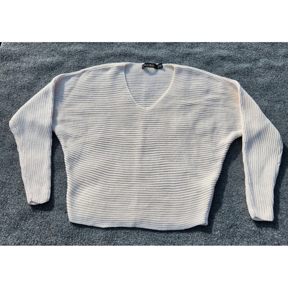 Lauren Ralph Lauren Black Label Knit V Neck‎ crop Sweater Top Ivory Ribbed Small - Picture 2 of 7